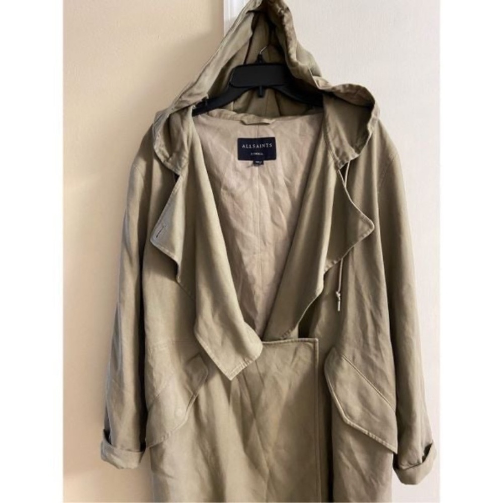 All Saints Beige trench coat long line hooded XSmall - Picture 6 of 12